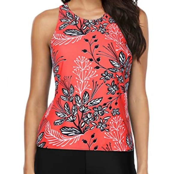 NWT Holipick Slimming High Neck Floral Print Tankini Swim Top in Coral - Picture 1 of 6